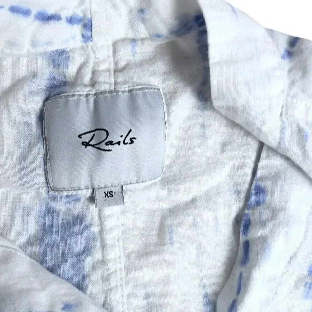 Rails Thea Blouse Cloud Tie Dye White Blue Linen Tied Front Revolve XS MSRP $148 - Picture 8 of 9
